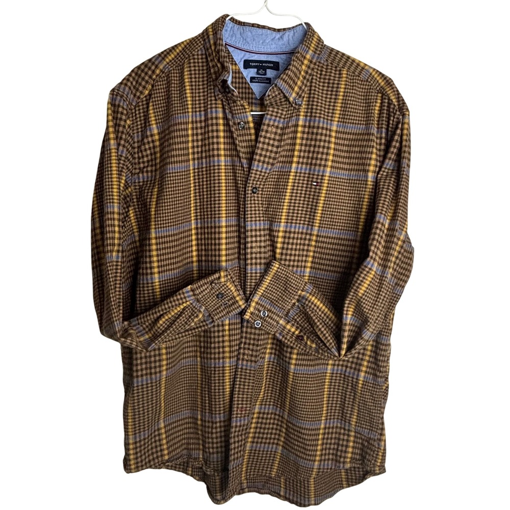 Tommy Hilfiger Shirt Mens XL Brown Plaid Cotton Stretch Classic Fit Button Down